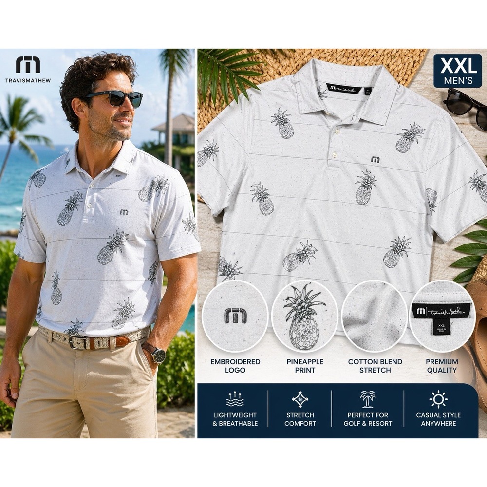 TravisMathew XXL Golf Polo Pineapple Print Stretch Casual Resort Shirt